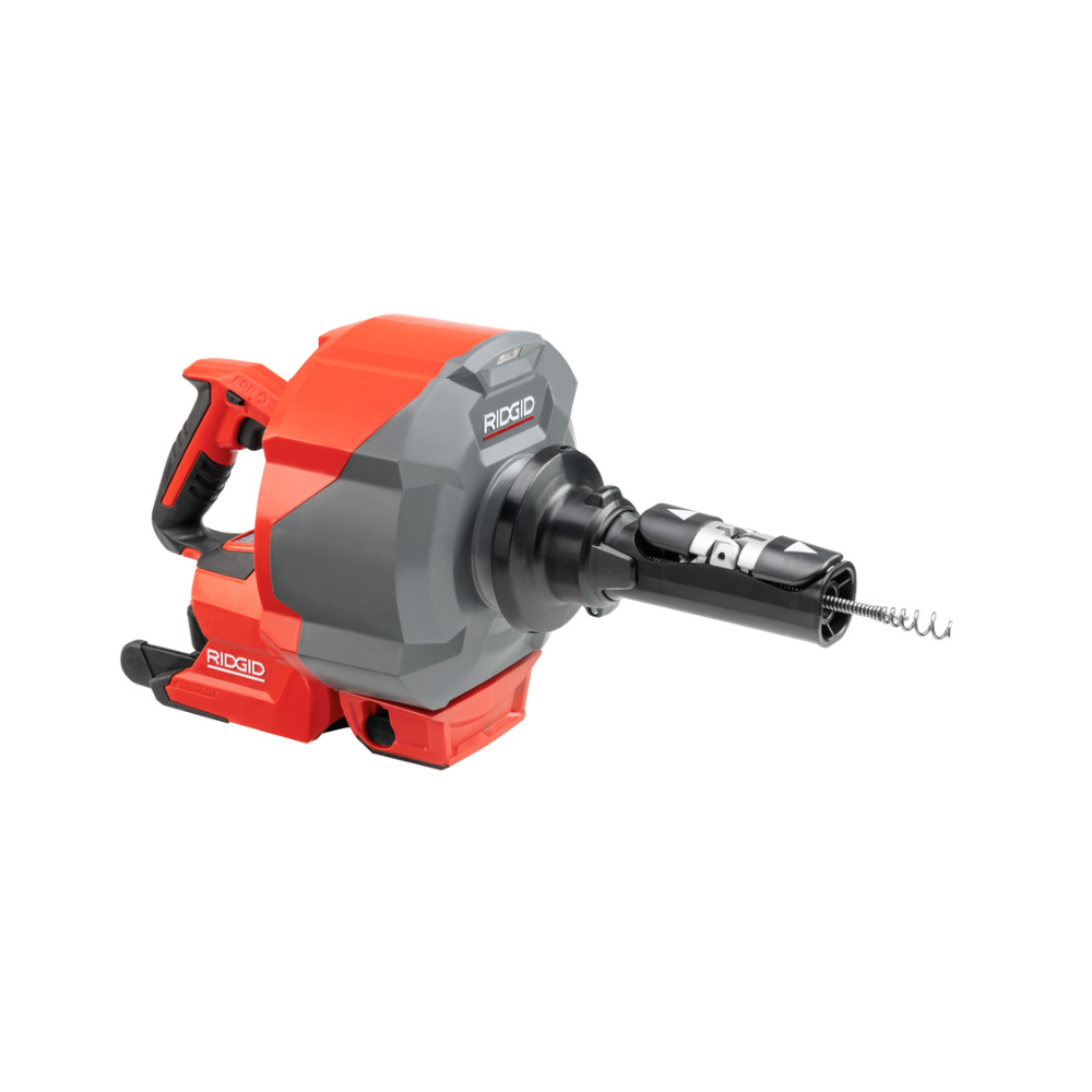 เครื่องทะลวงท่อไร้สาย RIDGID K-46 สีแดงเทา พร้อมหัวสายสปริงที่ปลายท่อป้อนสาย